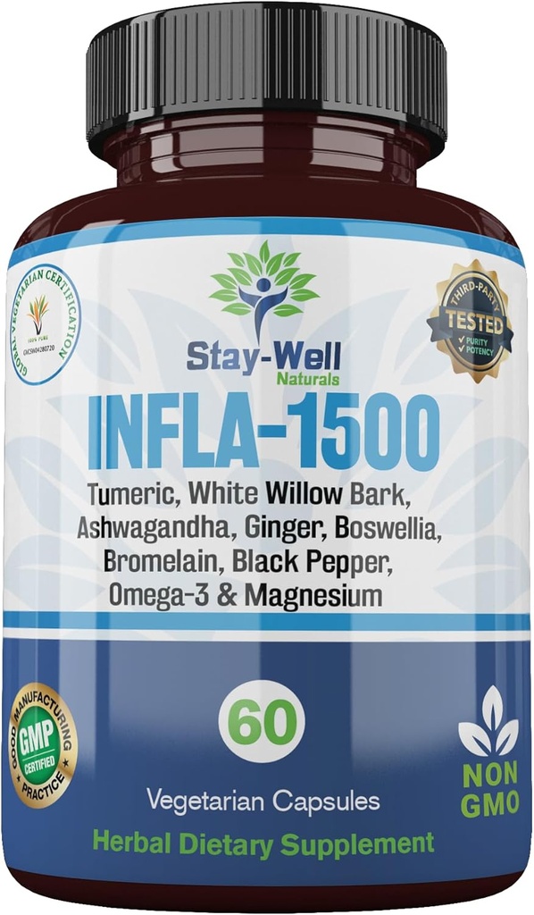 Infla-1500 All-Natural Relief Supplement Extract Blend with Turmeric, White Willow Bark, Ashwagandha, Ginger, Boswellia, Bromelain, Omega-3 and Magnesium-60ct