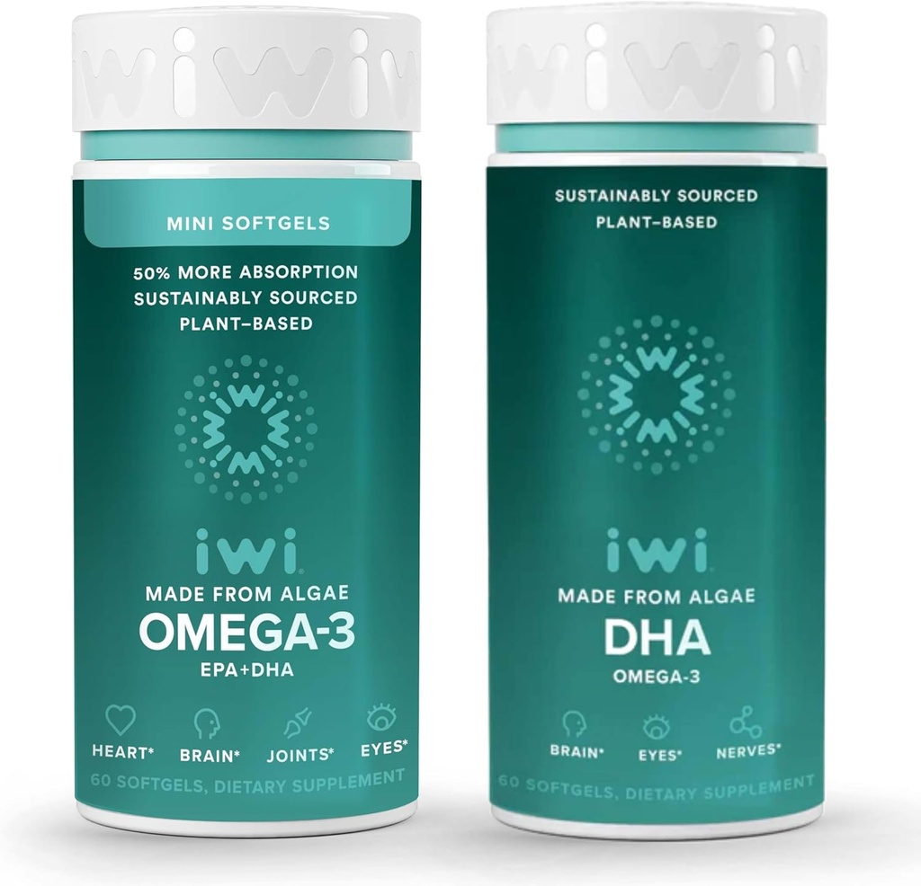 Iwi Omega-3 Minis & DHA Omega-3 Bundle, 30 Servings, Vegan Plant-Based Algae Omega 3, Krill & Fish Oil Alternative, No Fishy Aftertaste