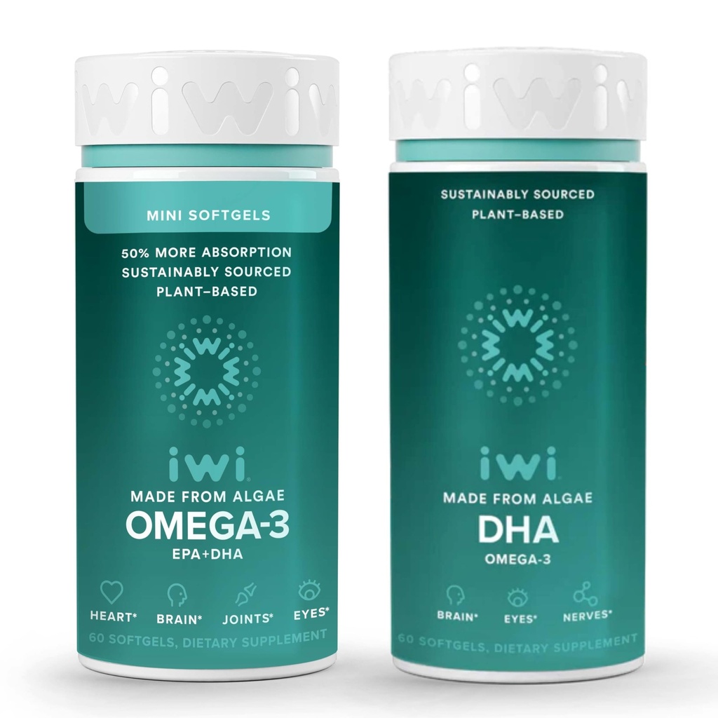 Iwi Omega-3ミニ&DHAオメガ-3バンドル、30サービング、ビーガン植物ベースの藻オメガ3、Krill&フィッシュオイルオルタナティブ、魚介のAftertasteなし