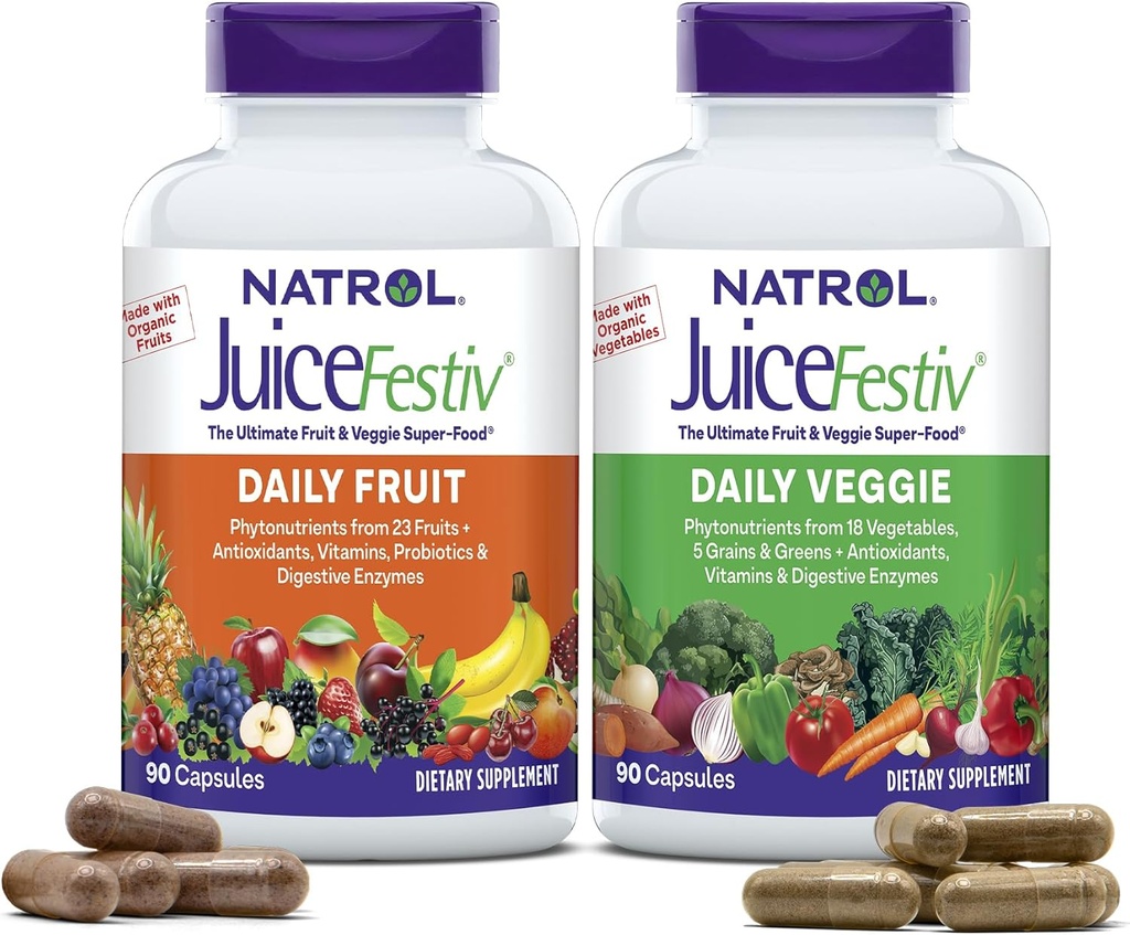 Natrol JuiceFestiv、究極のフルーツとベジギースーパーフードはバランスの取れた栄養と全体的なウェルビーイングをサポートするだけでなく、細胞の健康のための抗酸化剤、90カプセル(2-カウント)、最大45日の供給