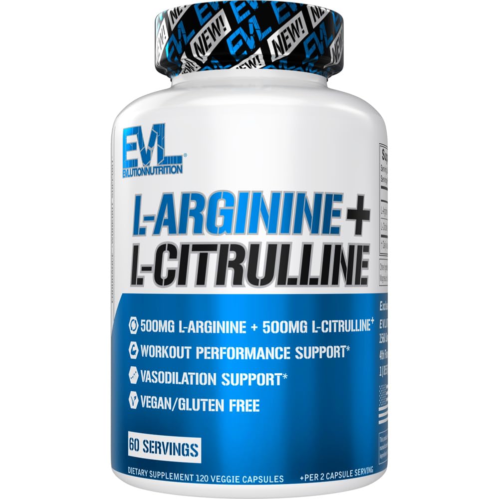 Evlution Nutrition L-Arginine + L-Citrulline - Endurance + Workout Performance Supplement - 1000mgコンプレックス - Vasodilation + Nitric酸化物サポート - ビーガン + グルテンフリーカプセル - 60サービング
