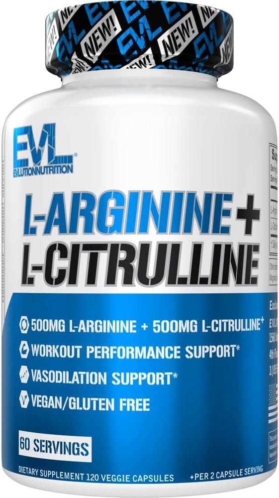 Evlution Nutrition L-Arginine + L-Citrulline - Endurance + Workout Performance Supplement - 1000mgコンプレックス - Vasodilation + Nitric酸化物サポート - ビーガン + グルテンフリーカプセル - 60サービング