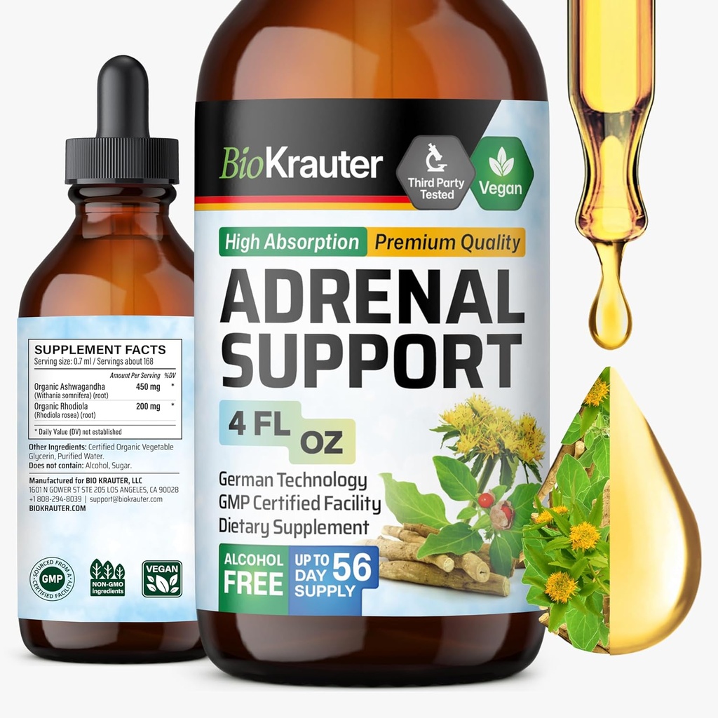 BIO KRAUTER Adrenal Support Tincture - ロディオラ&アシュワガンダサプリメント - ビーガン気分のサポートドロップ4 Fl.Oz.