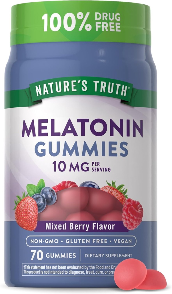 Nature's Truth Melatonin 10mg Gummies | 70 カウント | ベリーフレーバー | ビーガン、非GMO、グルテンフリーサプリメント