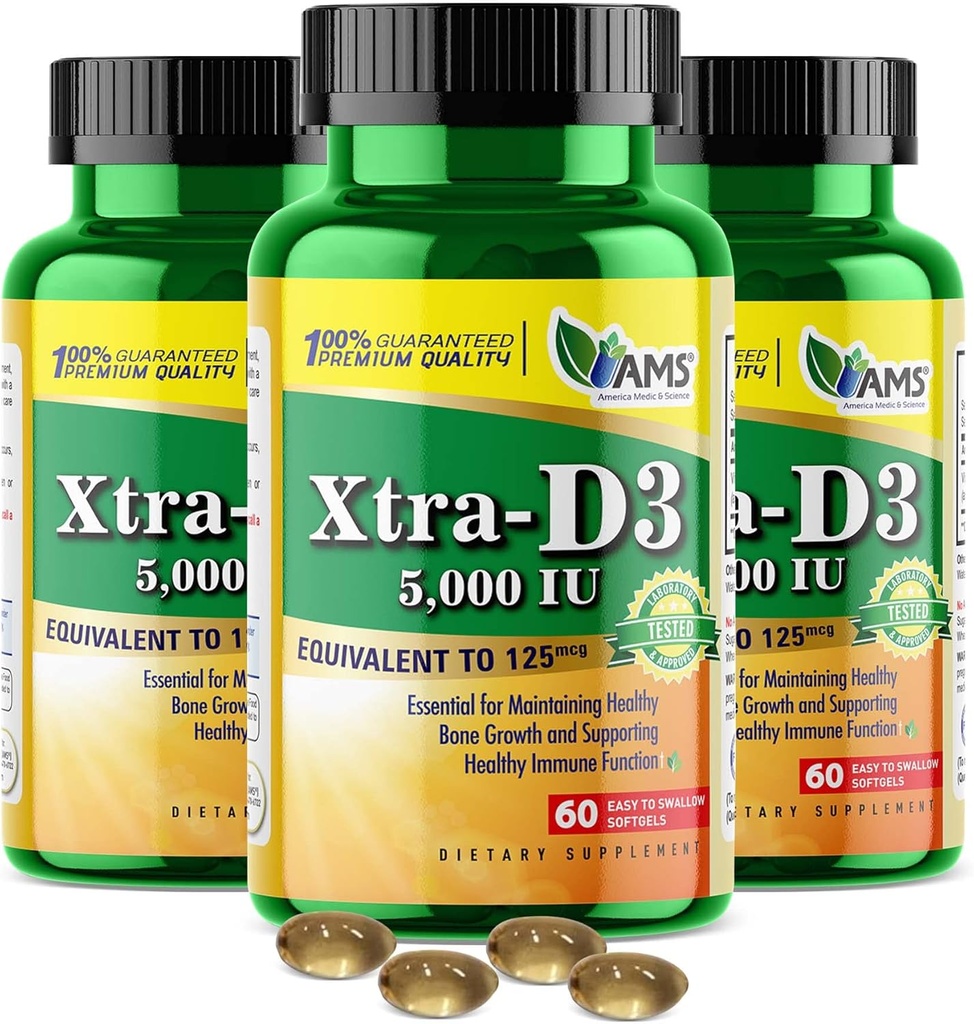 アメリカ メディック&サイエンス Xtra D3 ビタミン D 5,000 IU (125 mcg) 男性と女性のためのコレステロールサプリメント(180 柔らかく飲みやすい) 3パック|Bone、Heart Health、Immune System Support、Lung Functionに最適