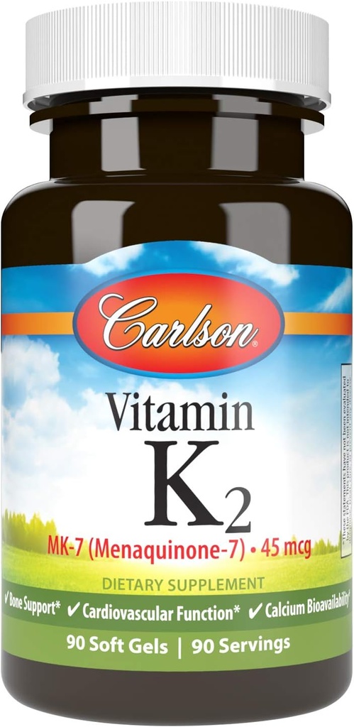 Carlson - Vitamin K2 MK-7 (Menaquinone), 45 mcg, Bone Support, Calcium Bioavailability, K2 Vitamin, Vitamin K-2, 90 Softgels