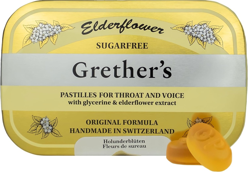 GRETHER'S Sugarfree Elderflower Pastilles Remedy for Dry Mouth Remedy - Soothing Throat & Healthy Voice - ギフト・フォー・シンガー - 1-Pack - 2.1 oz.