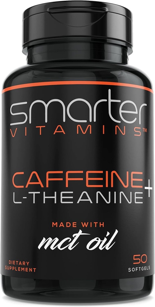SmarterVitamins 200mgカフェインピル - MCT 100%のココナッツからのオイル+ 100mg Lテアニン、エネルギーおよび焦点、延長解放のカプセル、50の液体のSoftgels