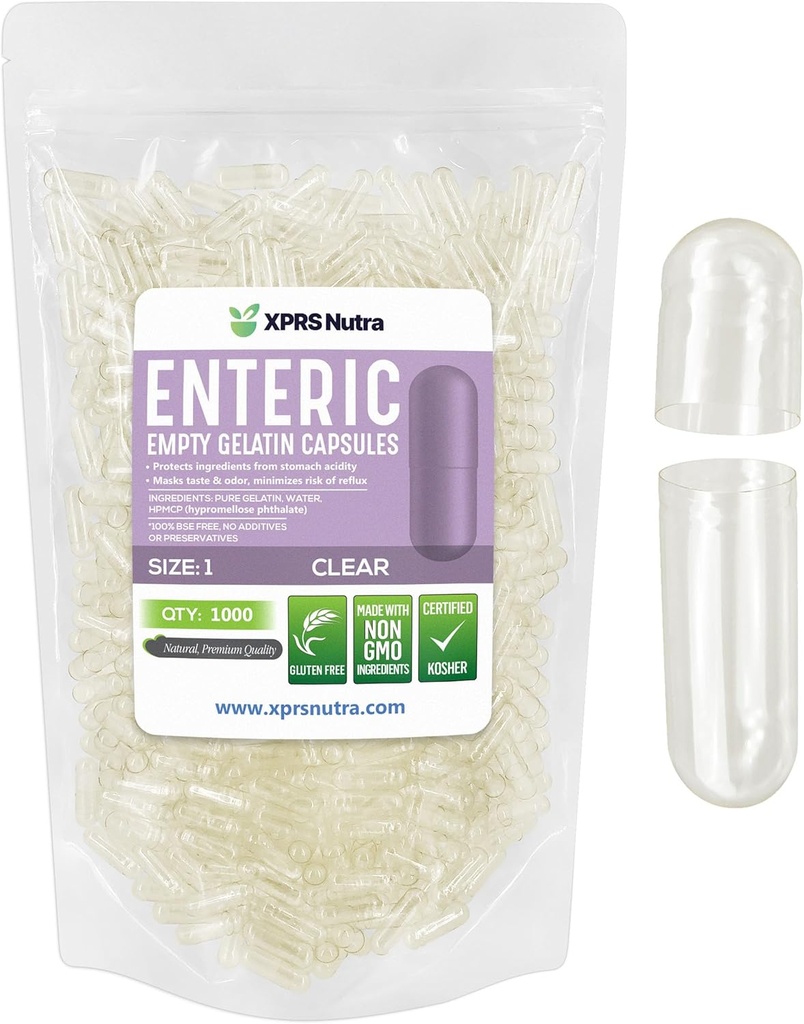 XPRS Nutraのサイズ1の空のカプセル- 1000の計算の明確な腸の上塗を施してある空のゼラチンのカプセル-遅れた解放の丸薬-DIYの帽子の詰物-純粋な牛の腸ゲルの帽子