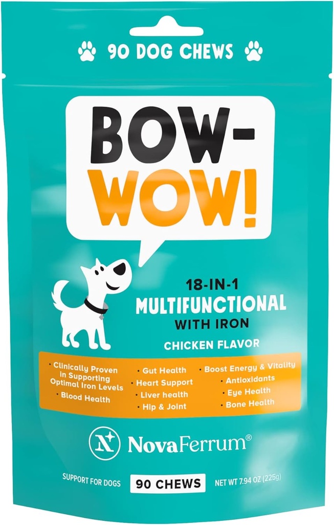 NovaFerrum Bow Wow | 18-in-1 Multifunctional with Iron Supplement for Dogs | Blood Support for Anemia | Glucosamine | Probiotics | Antioxidants | Chicken Flavor | 90 Chews