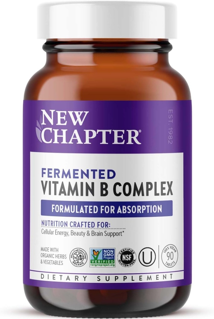 New Chapter Vitamin B Complex, Fermented Vitamin B Complex, USDA Organic, ONE Daily for Cellular Energy + Brain + Beauty, 100% Vegan, Gluten-Free - 90 Count