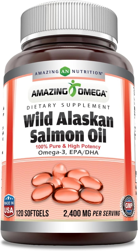 アメイジングオメガワイルドアラスカサーモンオイル(オメガ-3、EPA/DHA)サプリメント | 2400 Mg / サービングあたり | 120 Softgels | 非GMO | グルテンフリー | アメリカ製