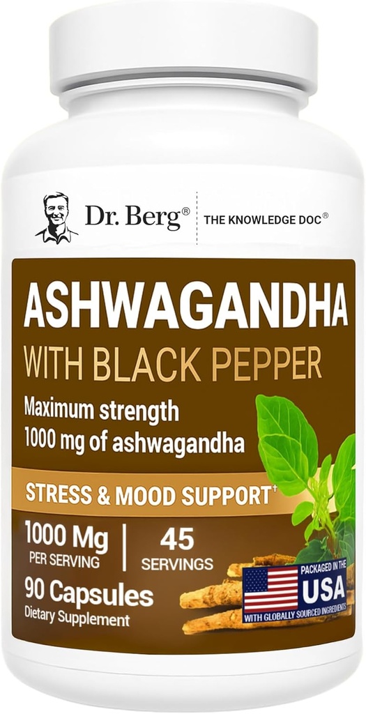Dr. Berg Ashwagandhaのカプセル1000mg - Bioperineからの黒いペッパーが付いているAshwagandhaの根を-アシュワガンダは90のカプセルを補います