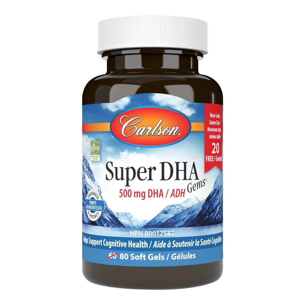 カールソン - スーパー DHA 宝石, 500 mg DHA サプリメント, 640 mg 脂肪酸, ワイルドキャッチ ノルウェー北極魚油濃縮物, 持続的に供給北欧魚油カプセル, 60 + 20 ソフトゲル