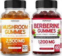 Mushroom Gummies (120 Gummies) Focus & Brain Mushroom Supplement and Berberine with Ceylon Cinnamon (60 Count) Premium Sugar-Free Supplement for Adults - Third-Party Tested, Non-GMO & Made in USA