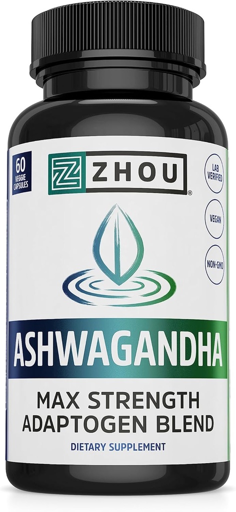 Zhou Ashwagandha - Ashwagandha and Rhodiola for Women & Men, Adaptogen Ashwaganda Extract 1200 mg with Black Pepper, Adaptogenic Support Supplement for Calm, Mood, Sleep - 60 Vegan Capsules