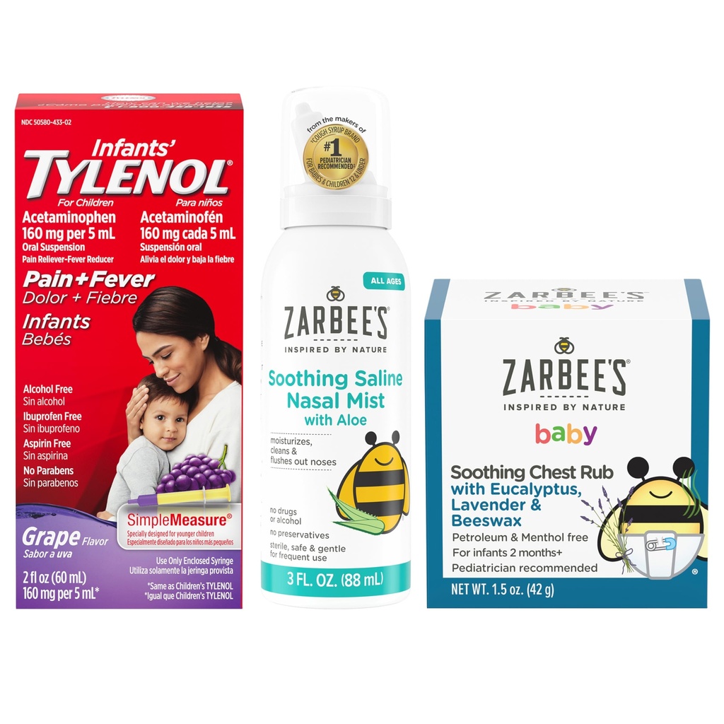 Tylenol と Zarbee の赤ちゃんのエッセンシャルは、乳児のためのバンドル: 乳児のアセトアミノフェンの液体薬、 Zarbee の赤ちゃんの痛みの鼻のスプレー、 Zarbee の赤ちゃんの痛みのユーカリ & ラベンダーの胸のこ