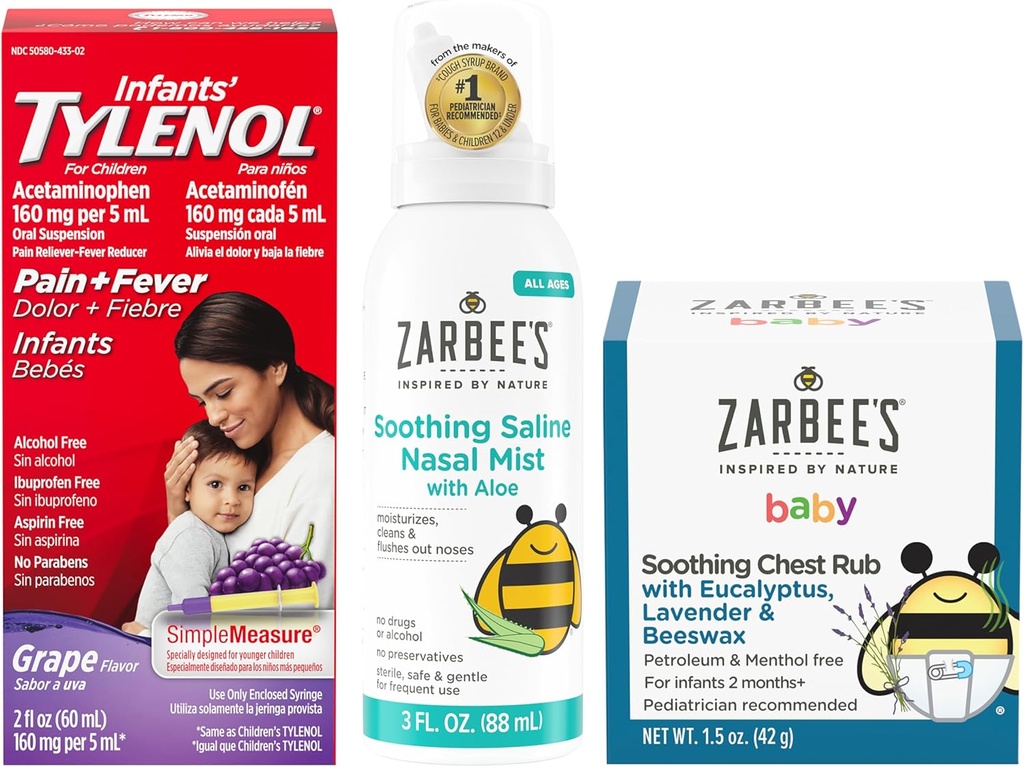 Tylenol と Zarbee の赤ちゃんのエッセンシャルは、乳児のためのバンドル: 乳児のアセトアミノフェンの液体薬、 Zarbee の赤ちゃんの痛みの鼻のスプレー、 Zarbee の赤ちゃんの痛みのユーカリ & ラベンダーの胸のこ