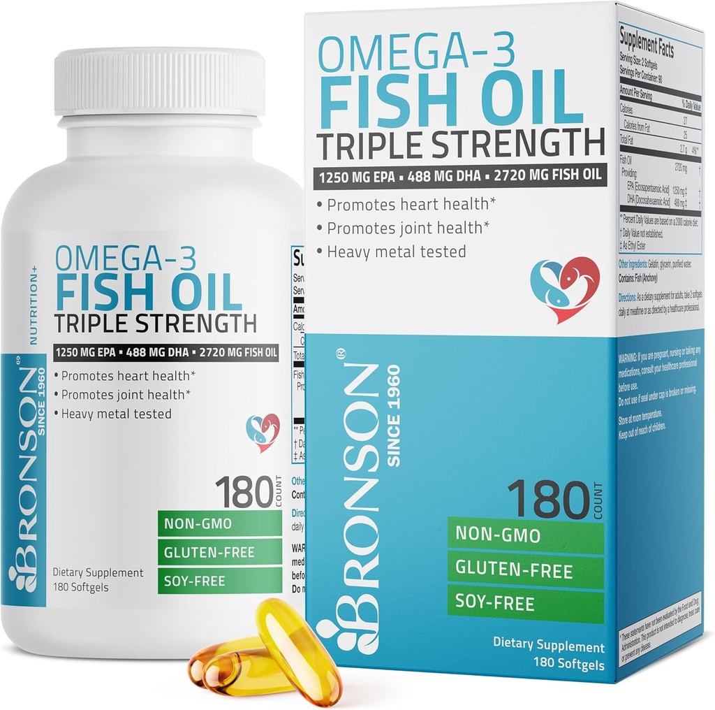 Bronson Omega 3の魚油の三重の強さ2720のmg、高いEPA 1250のmg DHA 488のmg、非GMOの重金属テストされる、180のSoftgels