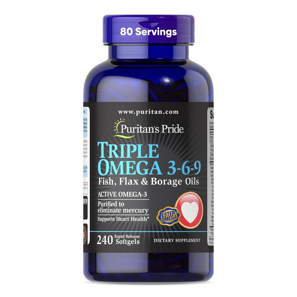 Puritan's Pride Premium Triple Active Omega 3-6-9 Fish, Flax, Borage Oils, 心のための栄養補助食品, 関節, 細胞の健康サポート, 240 Rapid Release Softgels