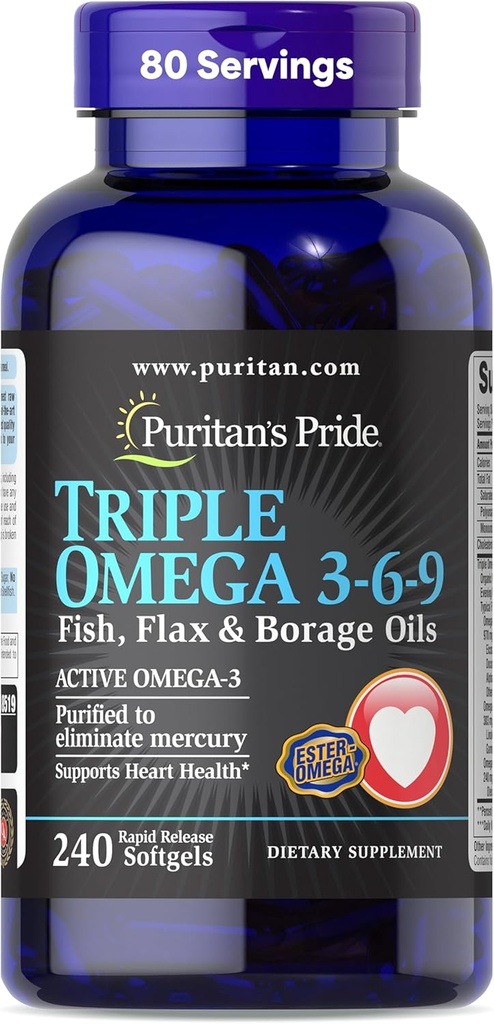 Puritan's Pride Premium Triple Active Omega 3-6-9 Fish, Flax, and Borage Oils, Dietary Supplement for Heart, Joint, and Cellular Health Support, 240 Rapid Release Softgels