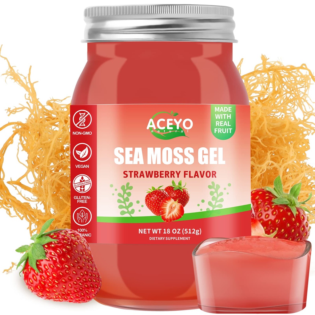 ACEYO (18 OZ) アイルランドの海苔のゲルの未加工ビーガンいちごの味102のビタミンおよび鉱物の野生収穫された非GMO免疫の防衛ブースターの甲状腺の消化器サポート