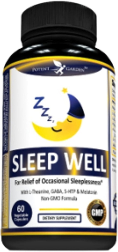 Potent Garden Sleep Well Sleep Aid Contains Melatonin Valerian Root L-Theanine GABA & More, Natural Sleep Aid Non-Habit Forming Sleep Aids for Adults with 60 Veggie Caps