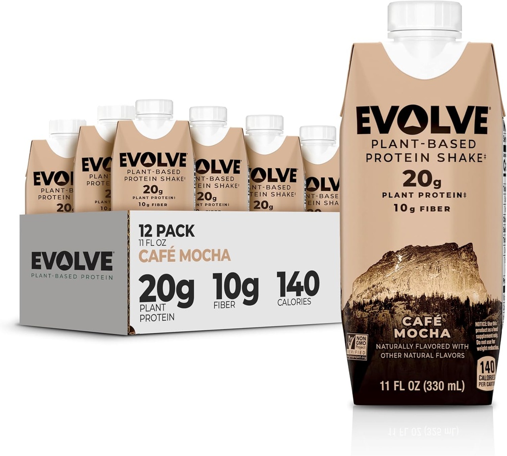 Evolve Plant Based Protein Shake, Café Mocha, 20g Vegan Protein, Dairy Free, No Artificial Sweeteners, Non-GMO, 10g Fiber, 11oz, (12 Pack) (Formula May Vary)