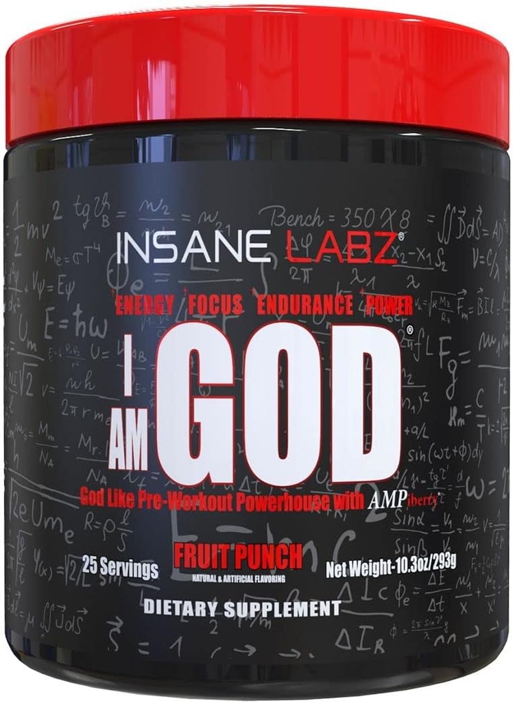 Insane Labz I am God Pre Workout, High Stim Pre Workout Powder は、AMPiberry, Energy Focus Endurance Muscle Growth,25 Srvgs, フルーツパンチで燃料を供給しました。