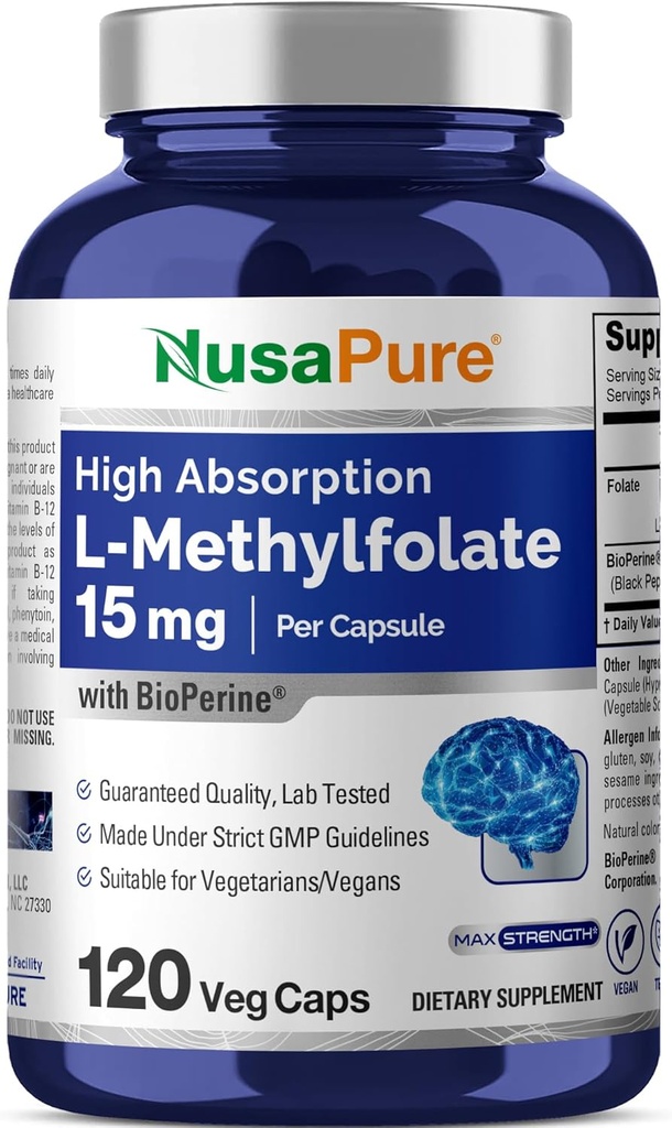 NusaPure L Methylfolate 15mg, 120 Veggie Capsules, Bioperine