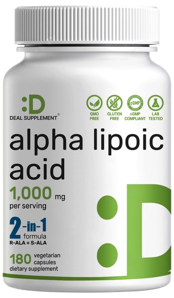 アルファリポイック酸1,000mg、180ベジギーカプセル - 最大バイオアベイラビリティのための50/50 R-ALA&S-ALA - 抗酸化サプリメント - エネルギー&神経系サポート - 非GMO