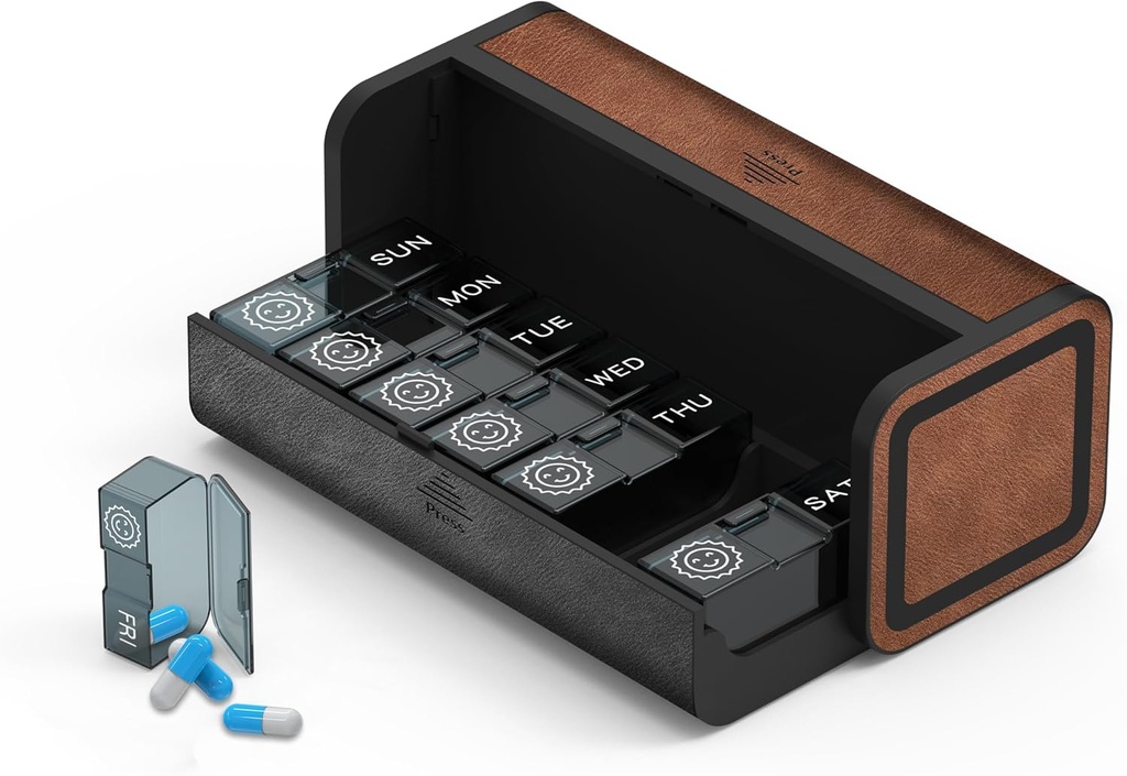 週刊ピルオーガナイザー2日、大型旅行ピルボックス7日、Twice Daily AM PM Pill Case、取り外し可能なポケット薬局、ビタミン、薬(黒と茶色)のためのピルコンテナホルダー