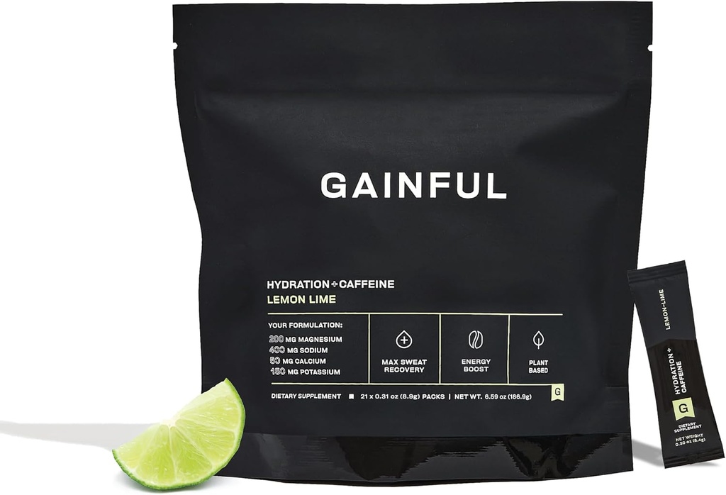 Gainful Hydration + Caffeine Packets with Key Electrolytes Magnesium & Sodium + L Theanine, Low Sugar Drink Mix, Lemon Lime, 21 Sticks