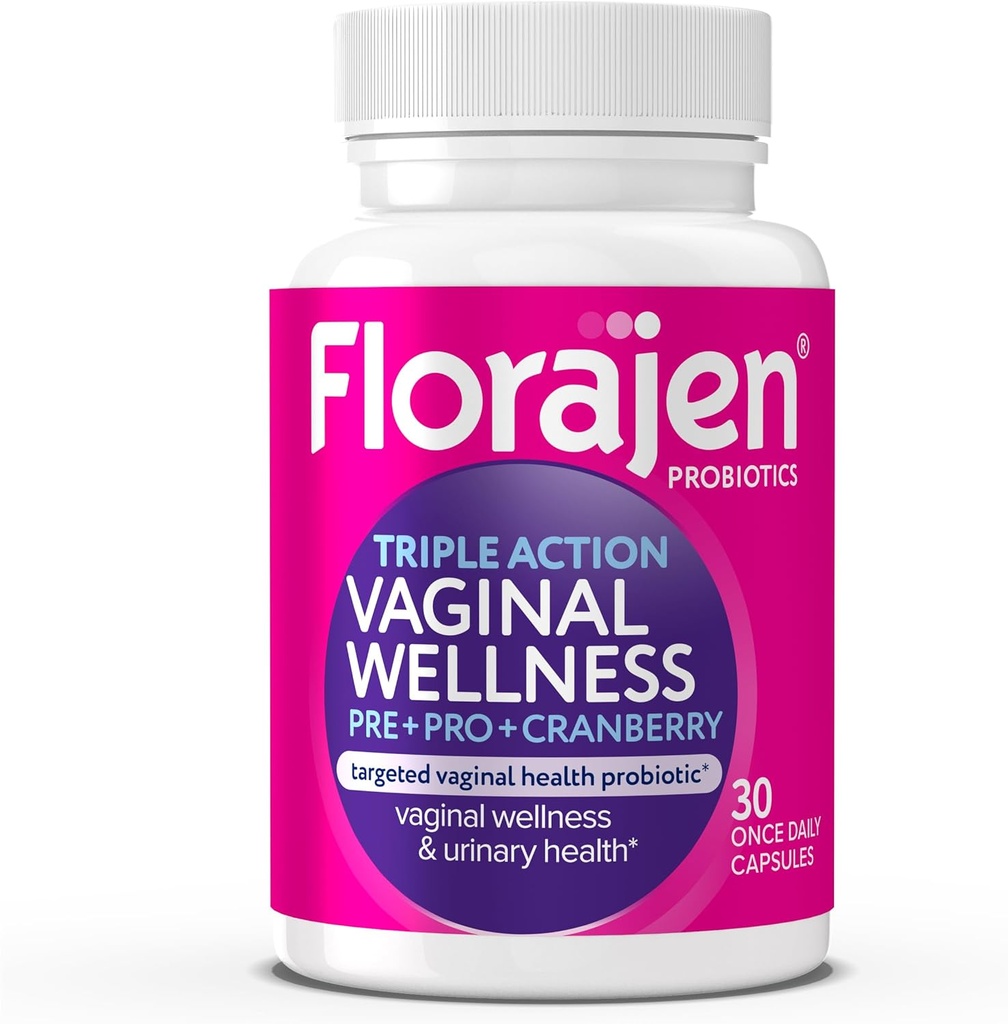 Florajen Women’s Triple-Action Probiotic - Prebiotic + Probiotic + Cranberry for Vaginal, Digestive, & Immune Support - Fast-Acting - Clinically-Studied - Gluten-Free & Vegan - 30-Count