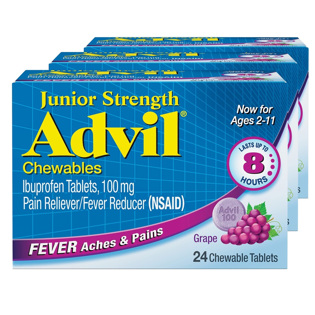 Advilのジュニア強さのChewable Ibuprofenの痛みのRelieverおよびFeverの減力剤、痛みの軽減、ブドウのための子供のIbuprofen - 24のタブレット(パッキング3)