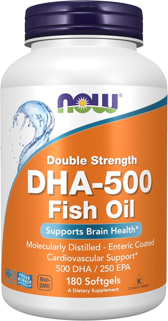 NOW Foodsは、250 EPA、分子蒸留、Brain Health*、180 SoftgelsのDHA-500を補います