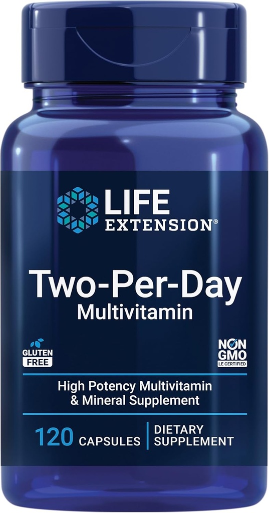 Life Extension Two-Per-Day Multivitamin, Vitamins B, C, D, zinc, Packed with Over 25 Vitamins, Minerals & extracts, Two-Month Supply, Non-GMO, Gluten-Free, 120 Capsules