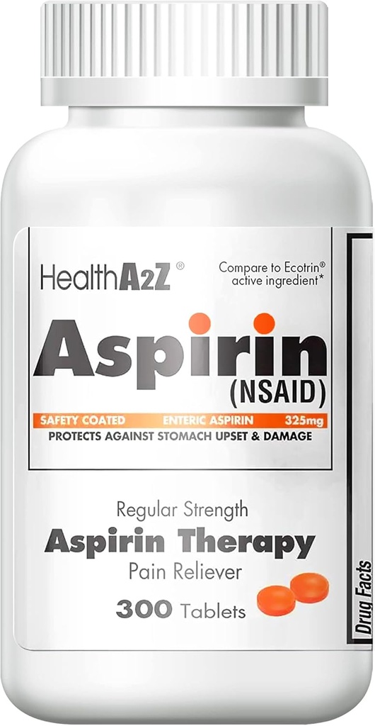 HealthA2Z Aspirin 325mg | 300カウント | 正規強度 | オレンジ色の安全コーティング錠 | 腸内アスピリン | 痛みの軽減 | 関節の痛みを軽減 | けいれん | 頭痛