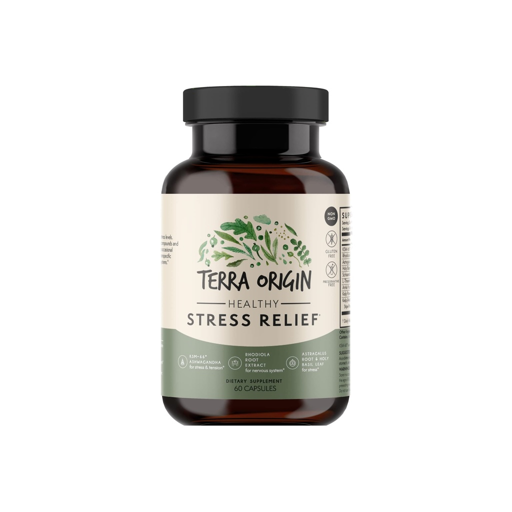 TERRA ORIGIN ヘルシーストレスサプリメント | 60 カプセル | KSM-66 オーガニックアシュワガンダ, L-テアニン, Rhodiola エキス, Astragalus Root and Holy Basil | ストレスと気分のサポート