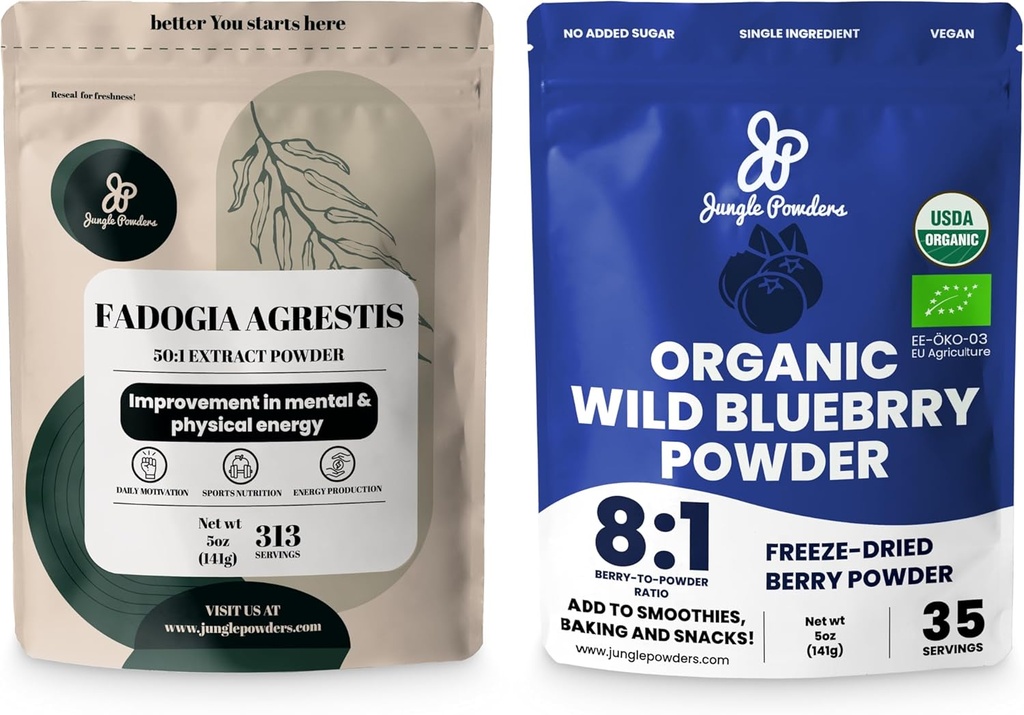 Jungle Powders Men's Health & Vitality Bundle: 5oz Fadogia Agrestis Extract Powder for Drive & Passion + 5oz USDA Certified Organic Wild Blueberry Powder for Enhanced Wellness in Smoothies & Baking!