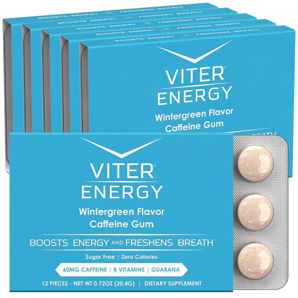 ビターエネルギーカフェインガム60mgカフェイン、ビタミンB、グアラナ、砂糖無料。 (Wintergreen、12pcs、6パック)