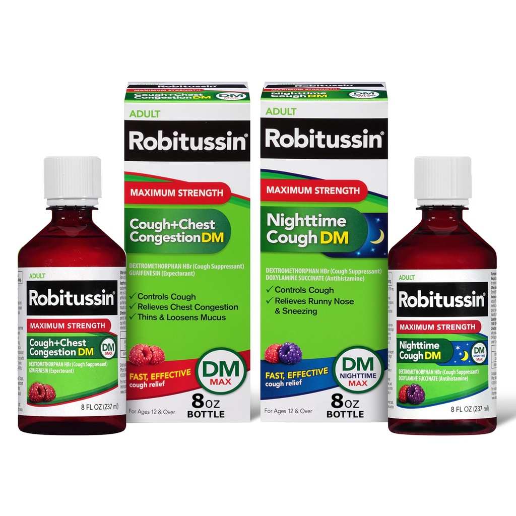 Robitussin DM Max Cough Plus Chest Congestion と Robitussin Max Strength Nighttime Cough DM、大人の式 - 2 x 8 Fl Oz ボトル