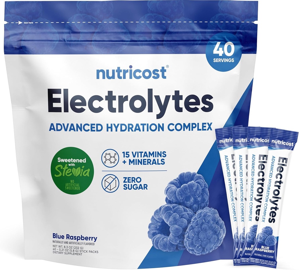 Nutricost 電解液 粉末水化パケット (ブルー ラズベリー、40 サービング) 低カロリー Keto 電解液 スティービア-非GMO、グルテンフリー、砂糖無料