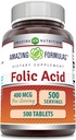 Amazing Formulas Folic Acid (Vitamin B9) 400 mcg | Tablets Supplement | Non-GMO | Gluten Free | Made in USA (1 Pack | 500 Count)