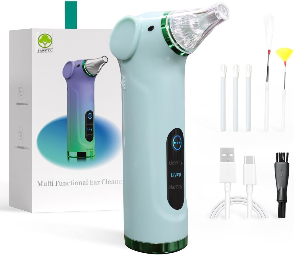 多機能の電気耳のワックスの取り外し用具の耳のクリーニングのキット - 乾燥の耳のキャナル&マッサージの耳、大人および子供のための(緑)