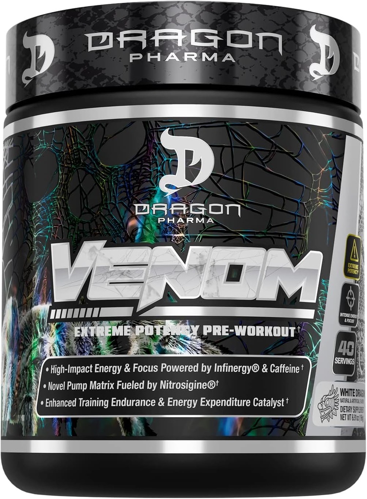 DRAGON PHARMA Venom Extreme Potency Pre-Workout, Laser Sharp Focus + Energy, Intense Performance, Proven Ingredients for Enhanced Vasodilation & Endurance (40 Servings, White Dragon)