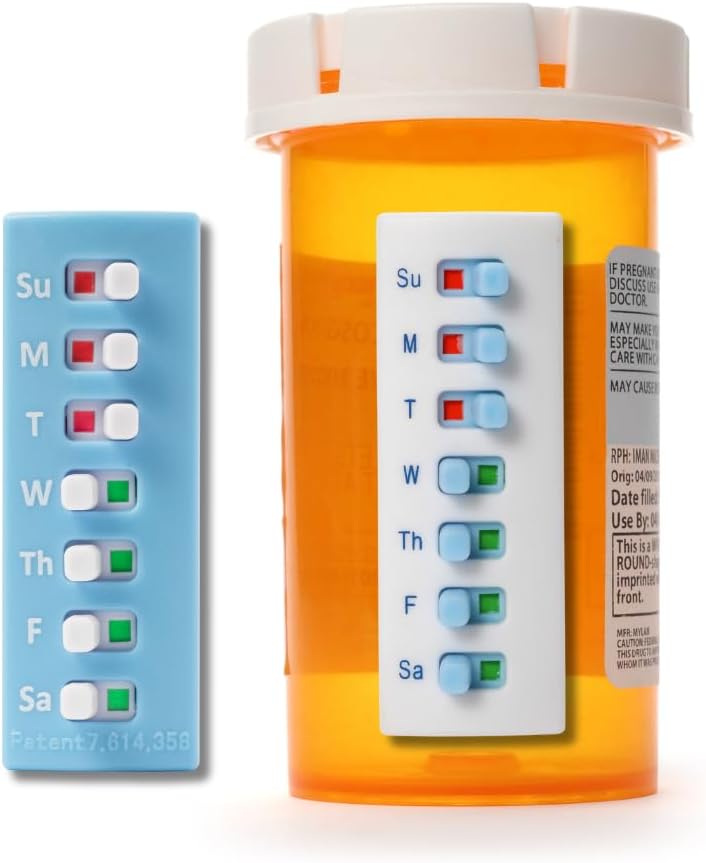 テイク・n・スライド・ピールとスティック・リフィル12 + リフィル、ピル/メディケーション/ビタミン/ペット・メッド・トラッカー&リマインダー、ボトルへのアタッチ、オーガナイザーフリー、カーブド・バック、ホワイト&ブルー(2パック、1個)