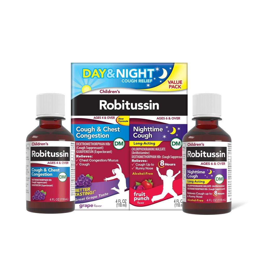 子供のロビタスシンDM日と夜咳救済値パック、咳薬、ブドウ/フルーツパンチ味 - 4 Fl Oz x 2