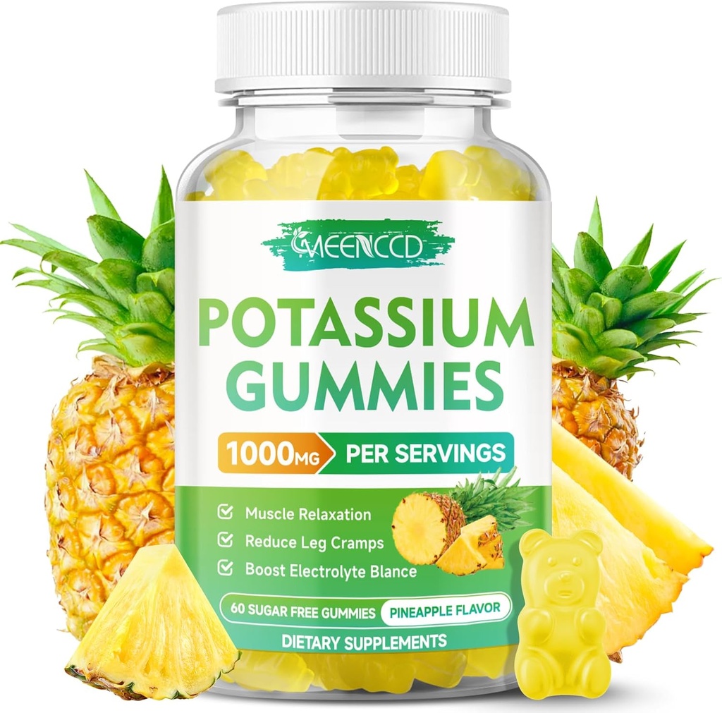 Potassium Citrate Gummies 1000mg, High Potency Potassium Supplement Gummies for Adults Women & Men, Support Leg Cramps & Muscle Health, Sugar-Free, Pineapple Flavor, 60 Count
