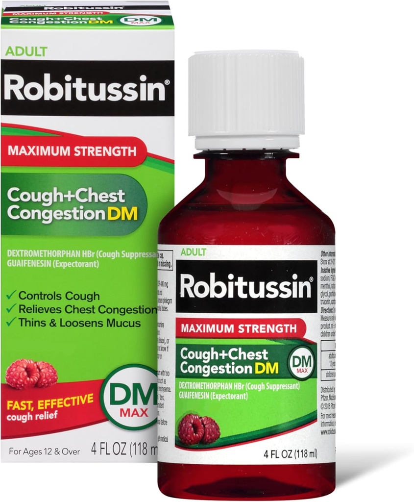 Robitussin Adult Maximum Strength Cough + Chest Congestion DM Max (4 fl. oz. Bottle), Cough Suppressant & Expectorant, Raspberry Flavor